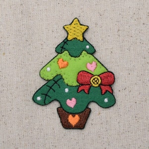 Patchwork Christmas Tree - Red Bow, Hearts, Star - Iron on Patch