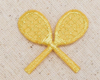 Small - Gold - Crossed Tennis Rackets - Iron on Applique - Embroidered Patch - 210693M