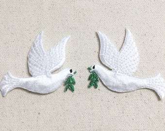 White - Peace Dove - Olive Branch - Facing LEFT or RIGHT - Iron on Applique - Embroidered Patch -  693823