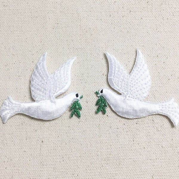 White - Peace Dove - Olive Branch - Facing LEFT or RIGHT - Iron on Applique - Embroidered Patch -  693823