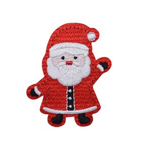 May include: Red embroidered iron-on patch of Santa Claus with a white beard and black boots.