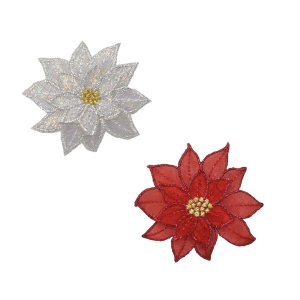 Christmas Poinsettia Flower, Red Poinsettia or White Poinsettia - Iron on Patch 1.75"