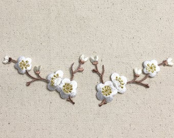 Cherry Blossom - White Flowers - Brown Stem - LEFT or RIGHT - Iron on Applique - Embroidered Patch - 611517