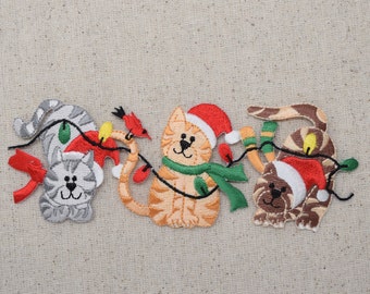 Christmas Lights - Kittens - Cats - Santa Hat - Pets - Iron on Applique - Embroidered Patch - 695631A