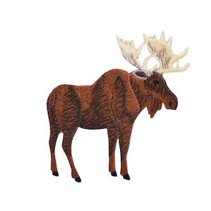 May include: Embroidered patch of a brown moose with large antlers. The moose is standing on a white background.
