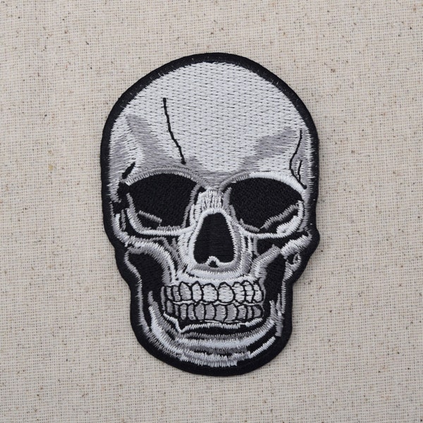Human Skull - Black/Gray -  Iron on Applique - Embroidered Patch - Halloween - LARGE or SMALL
