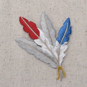 Indian - Feathers - Red, White, Blue, Gray - Southwest - Iron on Applique - Embroidered Patch - 695731A