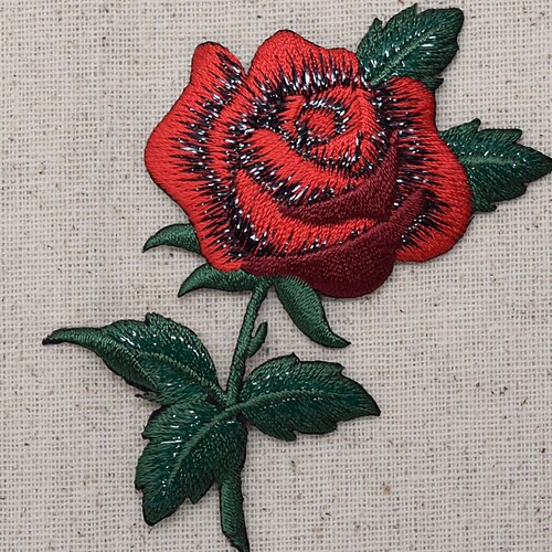 Red Rose Open Petals and Stem Flower Iron on Applique Etsy
