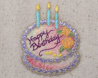 Happy Birthday Cake - Candles - Shimmery Pink and Purple - Iron on Applique - Embroidered Patch - 156443A