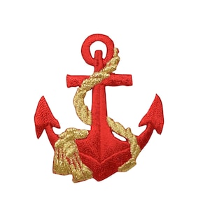 Red/Gold - Nautical Anchor - with Rope - Iron on Applique - Embroidered Patch 695647-D