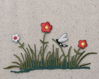 Grass - Red and White Flowers - Patch of Daisies - Dragonfly - Iron on Applique - Embroidered Patch - 695562A