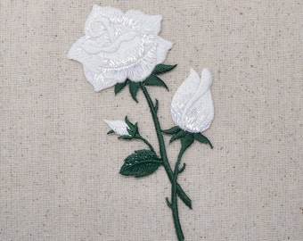 White Rose - Buds on Stem - Flower - Iron on Applique - Embroidered Patch - 153103J