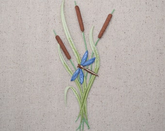 Cattails - Blue Dragonfly - Iron on Applique - Embroidered Patch - 695491B