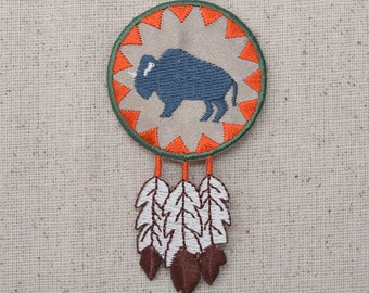 Indian - Buffalo Round with Feathers - Southwest - Iron on Applique - Embroidered Patch - 695656-A