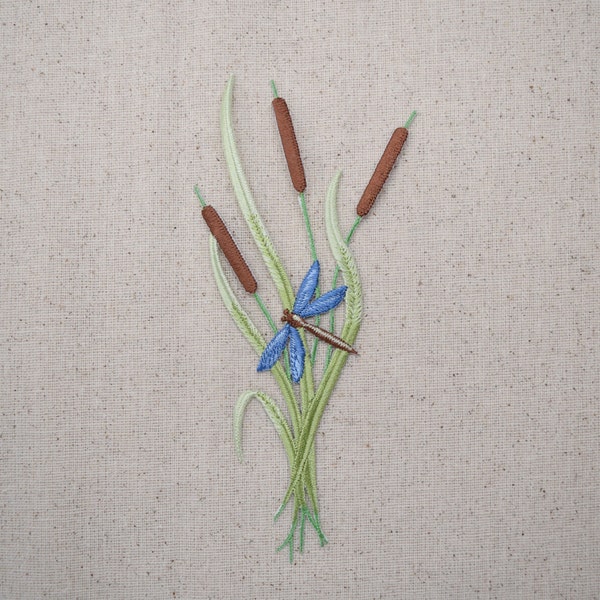 Cattails - Blue Dragonfly - Iron on Applique - Embroidered Patch - 695491B