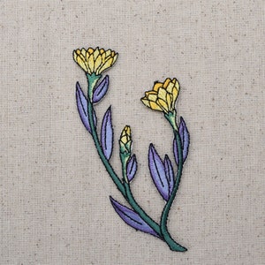 Yellow Flowers - with Purple Foliage Leaves -  Iron on Applique - Embroidered Patch - 896286A