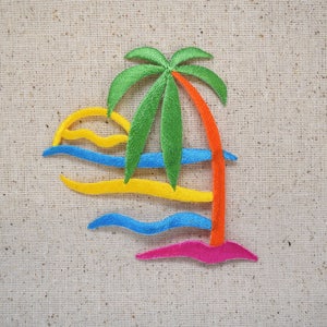 May include: A colorful embroidered patch depicting a palm tree on a beach with a sunset. The palm tree is green, the beach is yellow, the waves are blue, and the sunset is orange. The patch is perfect for adding a tropical touch to any project.