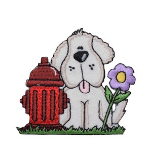 May include: An embroidered iron-on patch featuring a cartoon dog with a red fire hydrant and a purple flower. The dog is white with black eyes and a pink tongue sticking out. The fire hydrant is red with black stripes and a brown top. The flower is purple with a yellow center.
