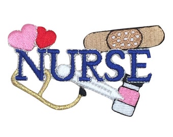 Blue Nurse - Hearts, Medical Stethoscope, Band-aid, Medicine - Iron On Applique - Embroidered Patch