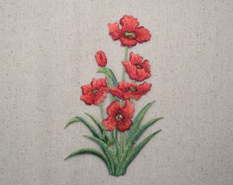 Red Poppy Flowers - Large Group - Iron on Applique - Embroidered Patch - 694938-A