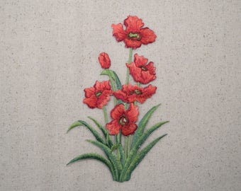 2 Toppe Ricamate A Forma Di Fiori Di Gelsomino Con Foglie - Termoadesive O Da Cucire - 10,5x7 Cm - Colore Rosso - Ideali Per Jeans, Borse E Progetti Fai Da Te