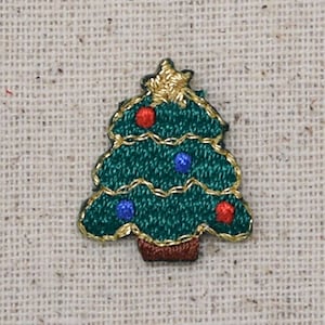 Mini Christmas Tree -  Gold Star -  Blue and Red Balls - Lights - Iron on Applique - Embroidered Patch - 1516841A