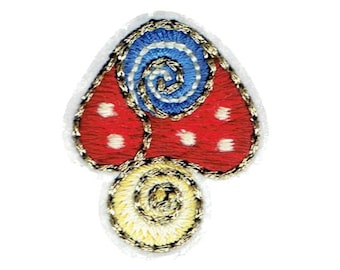 Pilz - rot / blau mit goldenem Detailborte - Pilze, Gemüse - Aufnäher zum Aufbügeln