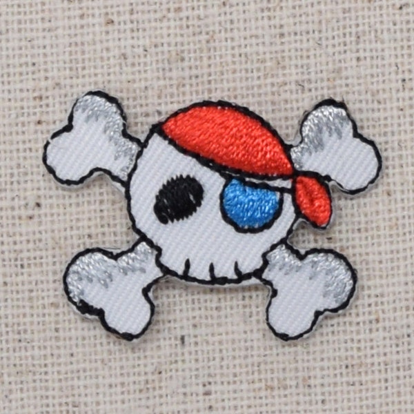 Small - Pirate Skull - Jolly Roger - Blue Eye Patch - Red Skull Cap - Crossbones - Embroidered Iron on Patch