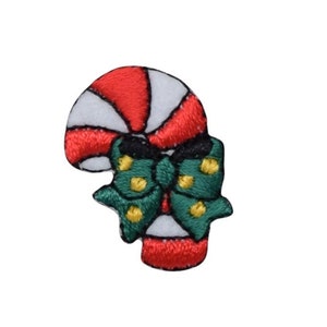 Christmas Candy Cane - Green Bow Yellow Dots - Iron on Applique - Embroidered Patch