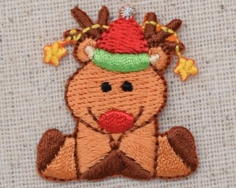 Christmas - Reindeer Sitting - Santa Hat - Iron on Applique - Embroidered Patch - 1135060A