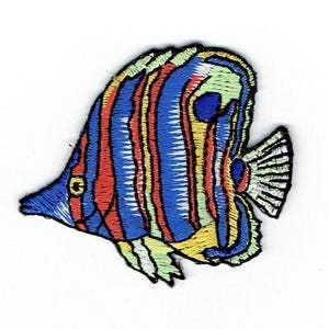 May include: A colorful embroidered patch of a blue, red, yellow, and green fish with a white outline. The fish has a large fin and a small tail.