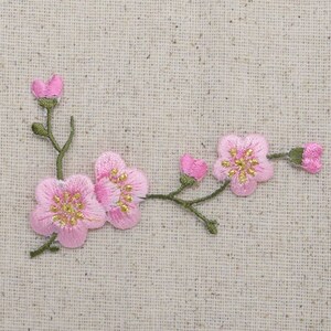 Cherry Blossom Pink Flowers Green Stem LEFT or RIGHT Iron on Applique Embroidered Patch 611517 image 3