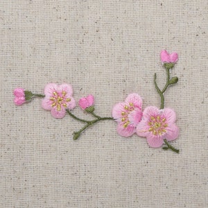 Cherry Blossom Pink Flowers Green Stem LEFT or RIGHT Iron on Applique Embroidered Patch 611517 image 2