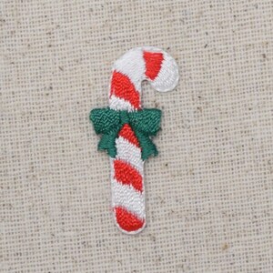 Christmas - Candy Cane - Green Bow - Iron on Applique - Embroidered Patch - 20685A