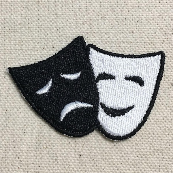 Comedy/Tragedy Mask  Iron on Patch - Theater Black/White Applique Embroidered