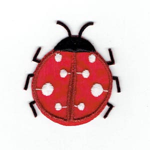 May include: Red ladybug with black legs and white spots. The ladybug is embroidered on a white background.
