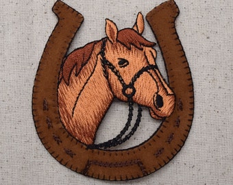 Horse Head - in Horseshoe - Iron on Applique - Embroidered Patch - 150243