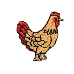 May include: A yellow embroidered chicken with a red comb and wattle. The chicken is standing on a white background.