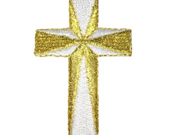 Religious Cross - Gold/White - Iron on Applique - Embroidered Patch
