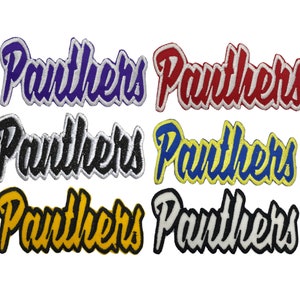 May include: Six embroidered iron-on patches with the word "Panthers" in different colours. The colours are purple, red, black, yellow, gold, and white.