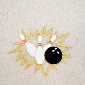 Bowling Ball and Pins Crashing Embroidered Iron on Patch