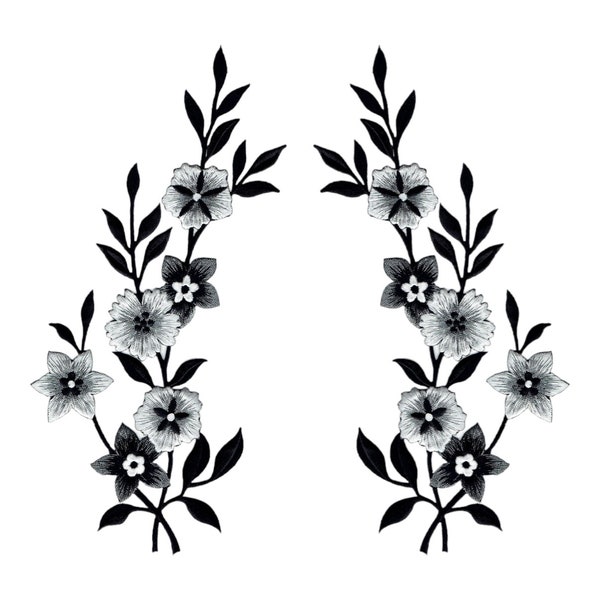 Große Blumen, schwarz, weiß, silber, gestickt, Bügelbild