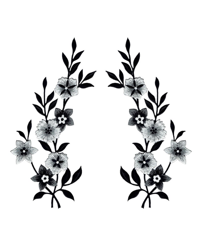 Large Flowers, Black, White, Silver, Embroidered, Iron on Patch image 1