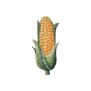 May include: Embroidered corn on the cob patch. The corn kernels are a golden yellow, and the husk is green with detailed stitching. The patch is designed to be sewn onto clothing or accessories.