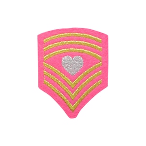 Pink Military Chevron Stripes, Shield with Heart, Embroidered, Iron on Patch