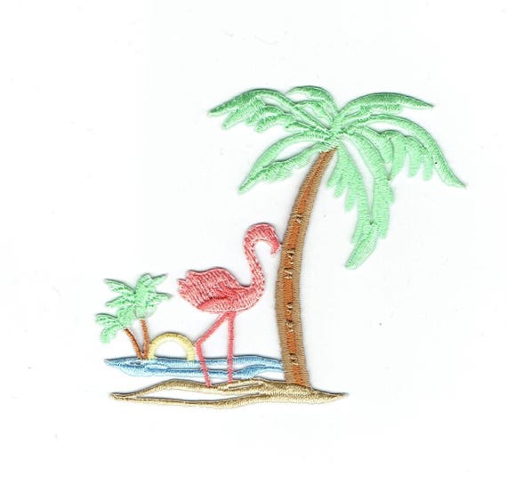 Flamingo Bird with Palm Tree and Island Iron on Applique patch