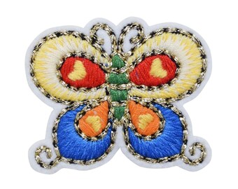 Butterfly - Blue/Yellow - Gold Trim Detail - Iron on Applique - Embroidered Patch