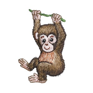 Peut inclure: Un singe brodé brun et beige avec une vigne verte suspendue à ses mains. Le singe sourit et a une poitrine brun clair.