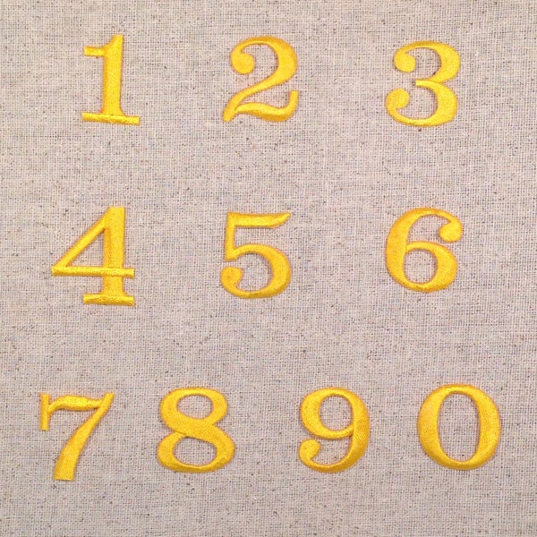 Numbers - 1.25 Inch - Yellow - Block Style - Iron on Applique - Embroidered Patch