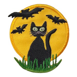 Halloween - Black Cat - Bats and Full Moon - Samhain - Iron on Applique - Embroidered Patch - 696556A